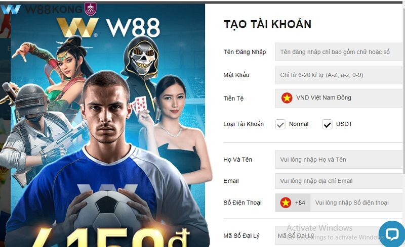 Tạo tài khoản thành viên tại W88